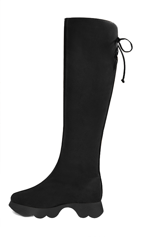 Matt black women's knee-high boots, with laces at the back. Round toe. Low rubber soles. Made to measure. Profile view - Florence KOOIJMAN